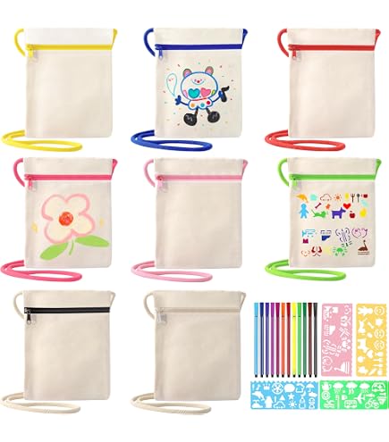 HGRGHH 8 Pièces Sacs en Tissu à Peindre pour Enfant, Sac à Bandoulière pour Enfants avec 4 Pochoirs et 12 Stylos de Couleur, Sac en Tissu Bricolage pour Cadeau, Événement, Les écoles HGRGHH 8 Pièces Sacs en Tissu à Peindre pour Enfant, Sac à Bandoulière pour Enfants avec 4 Pochoirs et 12 Stylos de Couleur, Sac en Tissu Bricolage pour Cadeau, Événement, Les écoles