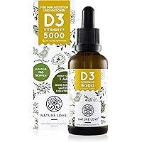 NATURE LOVE® Vitamin D3 5000 (50ml flüssig) - Laborgeprüfte 5000 I.E. pro Tropfen - Hochwertig: sehr hohe Stabilität…