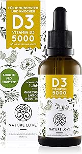 NATURE LOVE® Vitamin D3 5000 (50ml flüssig) - Laborgeprüfte 5000 I.E. pro Tropfen - Hochwertig: sehr hohe Stabilität - Hochdosiert, in Deutschland produziert