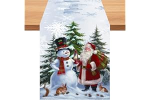 Froova Snow Christmas Table Runner, 13x72 Inch White Santa Claus & Snowman Forest Xmas Table Runner, Seasonal Winter Holiday Kitchen Dining Table Line for Indoor Home Party Table Decorations