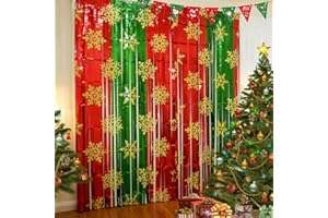 DOWNDRIFT Weihnachten Lametta Vorhang Rot Grün Weihnachtsvorhänge Glitzernde Vorhänge mit Schneeflocken Weihnachtsgardinen Weihnachten Deko Vorhang für Weihnachtsdeko Geburtstag Party Deko