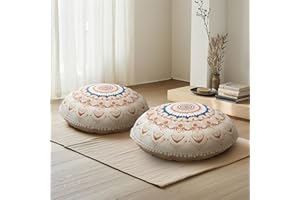 DAWNYIELD Lot de 2 Coussins de Méditation Ronds, Coussin de Sol Ergonomique avec Housse Amovible et Lavable, 80 cm Grand Coussin de Yoga avec Accents Pompons, Usage Intérieur/Extérieur, Marron