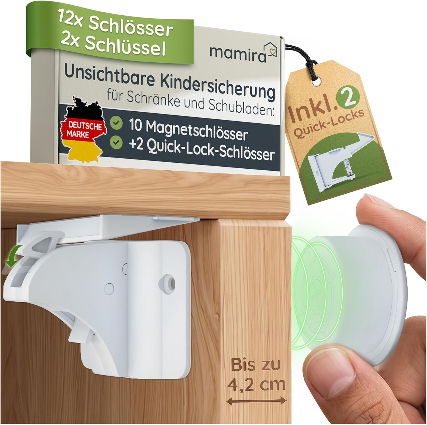 Kindersicherung Schrank & Schubladen [12 Stk.] I Magnetschloss Komfort-Set | 10 Magnetschlösser PLUS 2 Quick-Locks für mehr Komfort I 2 Schlüssel I Unsichtbar, ohne Bohren I Baby-Sicherung I DE-Marke