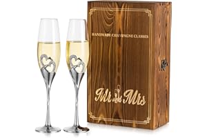 Inweder Bicchieri Champagne Regali Anniversario di Matrimonio Set di 2 Calici Champagne in Cristallo Argento con Mr e Mrs Scatola Regalo in Legno Incisa Damigella Regali Fidanzamento per Sposa Sposo