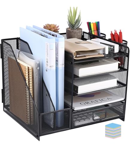 Organizador De Escritorio Con 7 Compartimentos - Incluye Cajón Y Portalápices, Negro