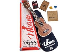 Ukelele Soprano 21" Caoba UKAM mod.UK-21, con afinador tipo pinza, cejilla especial ukelele, funda acolchada con correa, juego de cuerdas extra y púas. Pack de iniciación completo para estudio.