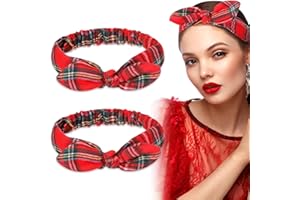 QUEEKAY 2 Pieces Tartan Red Headbands Buffalo Plaid Headbands for Women Christmas Hair Accessories Red Bow Hair Band Knot Headwrap for Girls Child Xmas Festival Holiday
