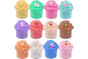 Basywiim 12 Pack Fluffy Butter Slime Kit, Scented Slime with 12 Pack Cute Mini Charms, Include Rainbow Unicorn, Mermaid and Fruit Slime, Stress Relief Toy for Girls and Boys
