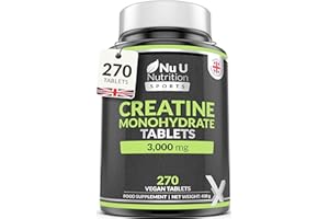 XELLERATE NUTRITION Nu U Nutrition - Creatine Monohydrate Tablets 3000mg - 270 Vegan Tablets - 3 Month Supply - Pre Workout Supplement for Men & Women - Powder & Capsules Alternative - Made in The UK