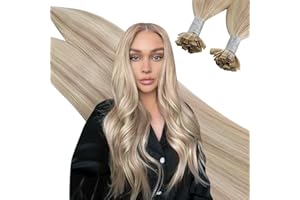 Ugeat Extensiones Pelo Natural Queratina Rubio Platino Mechas 50cm 50 hebras Extensiones de Cabello Natural Queratina Rubio Ceniza Mechas Platino Remy Humano Liso Ligero 50G