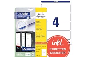 ‎AVERY ZWECKFORM AVERY Zweckform L6061-25 Ordnerrücken Etiketten (120 Rückenschilder mit ultragrip, 59x192mm auf A4, breit/kurz, selbstklebend, absolut blickdicht, bedruckbare Ordneretiketten) 30 Blatt, weiß