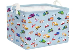 Clastyle Paniers Rangement Véhicule Camion Excavateur Voiture Bleu Rectangulaire Boîtes de Rangement Cubique pour la Chambre des Enfants, 40x30x30 cm