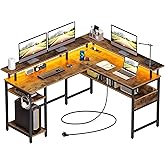 Rolanstar Gaming Schreibtisch L Form mit LED & Steckdosen, Gaming Tisch mit Monitorständer & Ablagefläche, Eckschreibtisch mi