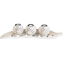 Set De 3 Photophores Décoratifs - Support Feuille En Bois - Pierres Et Bougies Incluses - 50.5x16.5cm
