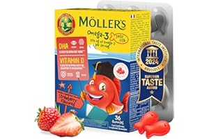 ‎MÖLLER'S Möller's Omega 3 Kapseln für Kinder | Natürliche Omega 3 Fischtran mit Erdbeergeschmack | Mit DHA und EPA | Leicht zu kauen | Ohne Gluten, Laktose und Zucker | 36 Stück