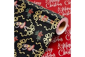 Wikadlik Reversible Christmas Wrapping Paper - Nutcracker Dahlia Bow Design Foil Gold and Black Gift Wrap Paper - 43cm x 10m