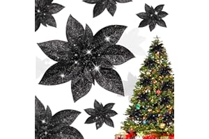 Shining She 10pcs 15CM/5.9inch Christmas Glitter Artificial Poinsettia Flowers, Large Artificial Christmas Flowers for Xmas Party Decoration, Xmas Tree Ornaments Decor, Black