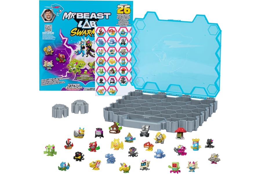 MrBeast Lab Swarms Hyper Fusion Series, Collectibles, Hyper Fusion Hive Pack Holds 70+ Micro Beasts, Includes 26 Beasts (2 Glow-in-Dark), 26 Stickers & 2 Fusion Caps, Fun for Kids & Fans