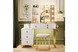 FREDEES Schminktisch mit Beleuchtung & Spiegel, Groß Schminktisch mit Stuhl & verstellbaren 3 Farben LED-Beleuchtung und Ladestation, 6 Schubladen, Glas-Schreibtischplatte, Weiß