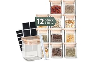 Celeko Home Stapelbare Gewürzgläser Eckig Bambus-Holzdeckel 210ml (Set 12 Stück) Gewürzbehälter Gewürzdosen Glas - Glass Spice Jars - Gewürze Aufbewahrung Kleine Gläser mit Deckel & Etiketten