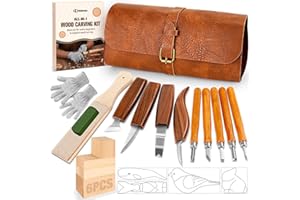 KERNOWO Woodworking Set, 25Pcs Wood Carving Kit with Deluxe PU Leather Case, Basswood Blocks for DIY Beginners and Enthusiasts, Gift Idea