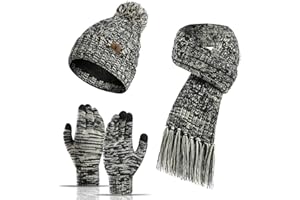 INSISMY Hat Scarf Gloves Set Women's Beanie Hat Long Scarf and Thermal Touch Screen Gloves Set 3 PCS Soft Warm Winter Knitted Pom Cap Set for Ladie