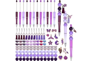 WEWAYSMILE 12 Pcs Plastic Beadable Pens Assorted Bead Pen Bulk Diy Bead Pen 66 Pcs Multicolor Beads Black Ink Ball Pen Set For Women Office Supplies Diy Gifts (Purple, Fresh Style)