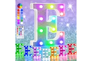 HEYCOLOR Colorful LED Marquee Letter Lights, RGB Shiny LED Letters with Remote, Glitter Light Up Letters Marquee Signs Battery Powered, Christmas Birthday Home Wedding Party Decoration, Letter E