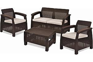 Keter Corfu Conjunto de jardín Exterior 4 plazas y Mesa con Cojines incluidos, Resina con Acabado ratán Plano, Marrón