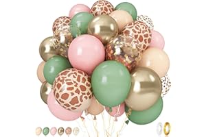 GOVPY Pink Jungle Safari Balloons, 60PCS Sage Green Pastel Pink Gold Balloon, Light Pink Cream Beige Balloon with Animal Print for Girls Birthday Baby Shower Wild One Giraffe Party Decorations Supplies