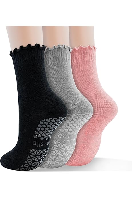 Grippy Yoga Socks Pilates Socks With Grips - 4-Pair Set Of Ruffle Frilly Yoga Socks With Non-Slip Bottom | Women's Size 5-10 Cute Grip Socks Pilates