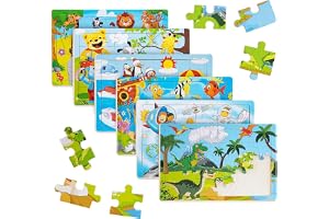6-Pack Wooden Puzzles for Kids 3-5 Years, 30-Piece Educational Jigsaw Puzzles, Dinosaur, Animals, Fish, Penguins, Spaceship, and More, Fine Motor Skill Montessori Toys