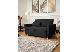 Bravich Dahlia Black 2 Seater Pull Out Sofa Bed | Compact Double Sleeper Sofa Bed with Storage Space | Modern Linen Fabric Convertible Couch for Small Spaces, Living Room, Guest Room | 140cm