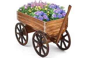 Beeveer Wooden Wagon Planter Box, Garden Planter with Wagon Wheels, Flower Cart for Patio Garden Balcony, Decorative Patio Planter Flowers Herbs Vegetables for Indoor Outdoor Decor, Brown (Elegant)