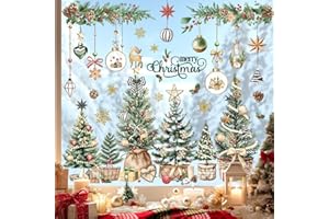 decalmile Christmas Tree Double Sided Window Clings Forest Tree Green Leaves Xmas Ball Anti-Collision Glass Doors Window Stickers Decals Celebration Decoration