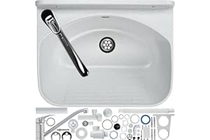 GOSPO Fregadero con grifo giratorio, sifón, lavabo, 46 x 36 x 20 cm, lavadero para garaje, lavabo, sótano, montaje en pared, en placa, fregadero, incluye accesorios (blanco)
