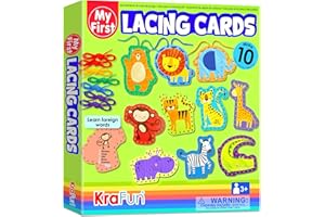 KRAFUN Kit de Tarjetas de Cordones Safari para Niños 3+ Años, 10 Proyectos Fai da Te (León, Elefante, Tigre), Instrucciones, Juguete Educativo para Motricidad Fina