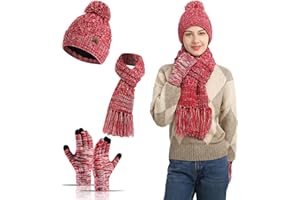 Meajore MüTze Schal Handschuhe Damen Set 3 in 1 Winter Warm Beanie Touchscreen Handschuh Und Lang Schal StrickmüTze Set