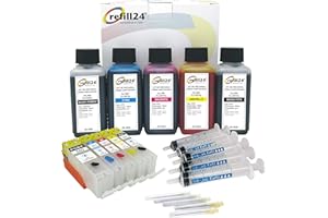refill24: 5 wiederbefüllbare, nachfüllbare, Leere Tintenpatronen + 500 ml Tinte kompatibel mit Canon PGI-580 XXL, CLI-581 XXL,Pixma TS6150, TS8150, TS9155, TR7550, TR8550, TS6250, TS8250, TS9550