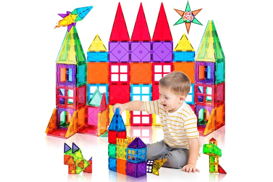 Katiago Magnetic Buildings 64 Pieces 3D Educational Blocks Magnets Set Toys for Children STEMS Creativity Montessori for 3+ Years Old Boys