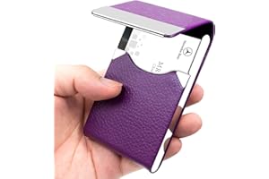 Padike Professional Business Card Holder PU Leather Business Card Case Name Card Holder Slim Metal Pocket Card Holder with Magnetic Shut … (Purple)
