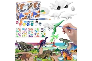 JORAKI Dinosaure Jouet Kit de Peinture, 32 PCS DIY Kit Peinture Enfant Lavable avec 6 Figurines Dino et 4 Voitures Jouet Dinosaure, Activites Manuelles pour Enfants 3-10 Ans pour Anniversaire Noël