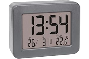 TFA Dostmann Sveglia digitale da viaggio, 60.2044.10, funzionamento a batteria, con sveglia rumorosa, con termometro interno, datario, orologio al quarzo, piccolo e compatto, grigio