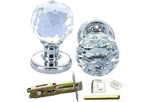 G Decor Crystal Glass Mortice Door Knob Pair – 60mm Clear Round Handles with Chrome Rose & Premium Adjustable 60–70mm Tubular Latch – Internal Door Handles for Bedroom, Living Room & Hallway