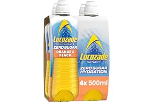 Lucozade Sport Zero Sugar - Orange & Peach 4x500ml | Sugar Free Sports Drink, with Vitamin B3 and electrolyte | Zero Sugar | Only 4 calories per serving | Still | Made with Natural Flavours