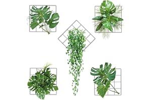 CAINCAY 3D Plants Wall Stickers, 5 pcs Green Leaves Grid Wall Stickers 3D Wall Art Stickers, Monstera Leaf Ivy Wall Decor Decal Removable Green Leaves Wall Stickers for Bedroom Living Room