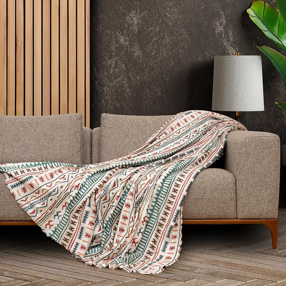 LATUDA CONCEPT SoftMicro Boho Etnik Desenli Mikrofiber Koltuk Örtüsü ve TV Battaniyesi, Koltuk Şalı, Kaymaz Turkuaz 130x180 cm