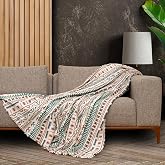 LATUDA CONCEPT SoftMicro Boho Etnik Desenli Mikrofiber Koltuk &Ouml;rt&uuml;s&uuml; ve TV Battaniyesi, Koltuk Şalı, Kaymaz Turkuaz 130x180 c