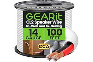 GearIT 14/2 Speaker Wire (100 Feet) 14 Gauge (Copper Clad Aluminum) - Fire Safety In Wall Rated Audio Speaker Wire Cable / CL2 Rated / 2 Conductors - CCA, 100ft