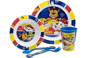 STOR Set vajilla infantil reutilizable apta para microondas compuesta por vaso, plato, cuenco y cubiertos de La Patrulla Canina